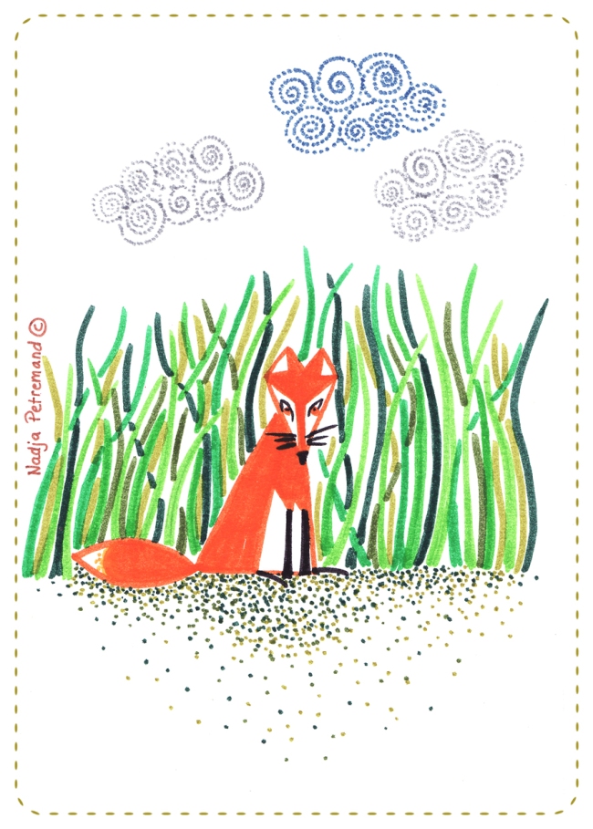 illustration petit renard assis dans l'herbe